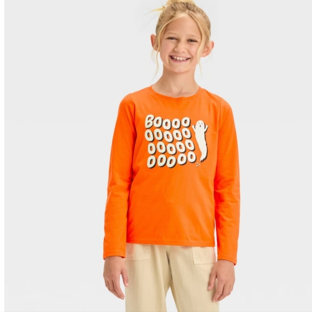 Girls' Long Sleeve Halloween 'BOOOOO' Glow In The Dark Graphic T-Shirt S